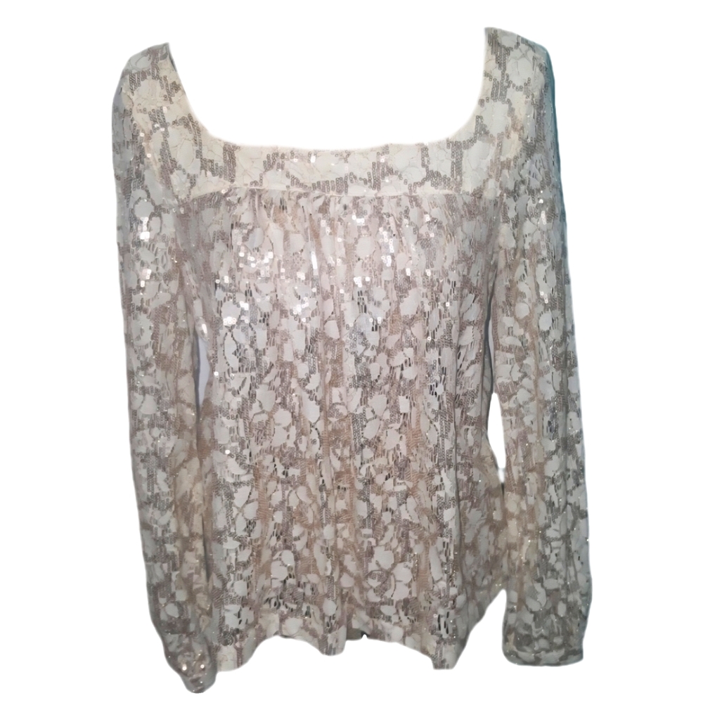 Jessica Simpson Melia Metallic Lace Top, Large, EUC